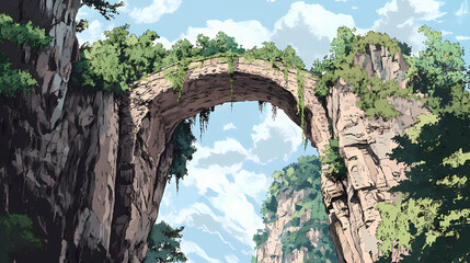 The natural stone bridge of zhangjiajie, connecting two towering peaks over a deep chasm. Chasm. Illustration