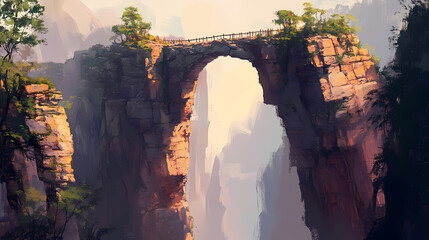 The natural stone bridge of zhangjiajie, connecting two towering peaks over a deep chasm. Chasm. Illustration