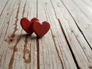 Two red wooden hearts, together on a wooden table. Concept Love. With copy space.