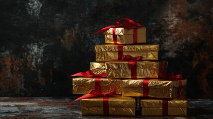 Wall Mural - a stack of gold wrapped presents with red bows