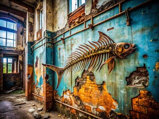 Wall Mural - Urban Exploration Photography: Fishbone Drawing - Abandoned Building, Decay, Rust, Graffiti, Industrial, Dark, Mysterious, Intriguing, Grunge, Urban Decay, Texture