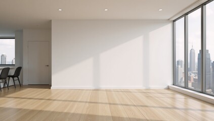  Modern space empty frame on wood-floored wall city panorama through large windows in natural light Rendering