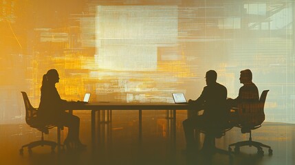 Fototapete - Silhouettes of professionals in a meeting with digital elements in the background.