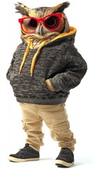 Wall Mural - a stylish owl character wearing sunglasses and casual clothing, posing confidently.