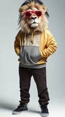 Leinwandbilder - A person in a lion costume with sunglasses and casual clothing, blending humor and style.