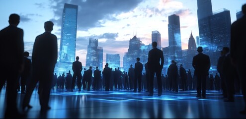 Fototapete - Silhouetted figures stand before a futuristic cityscape at dusk, symbolizing unity and ambition.