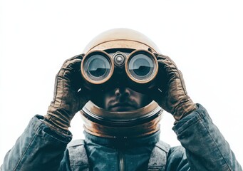 Poster - A person in a space helmet uses binoculars to observe the surroundings.