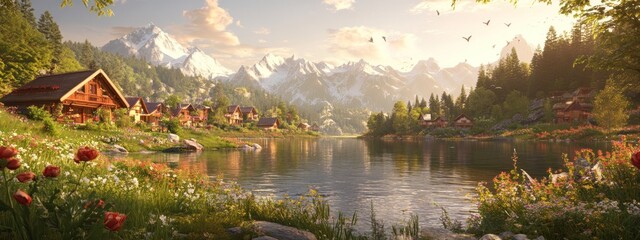 Poster - A serene lakeside village surrounded by mountains, flowers, and trees at sunset.