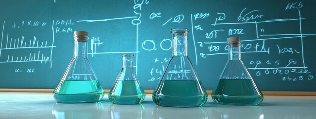 Aufkleber - A collection of laboratory flasks containing blue liquid against a chalkboard backdrop.