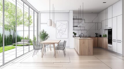 Poster - Modern kitchen and dining area with large windows and a view of a landscaped garden.