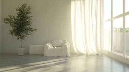 Poster - A serene interior featuring a cozy chair, soft curtains, and a potted plant by large windows.