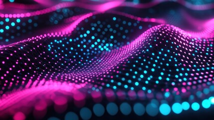 Fototapete - A vibrant, abstract representation of waves formed by glowing dots in pink and blue hues.
