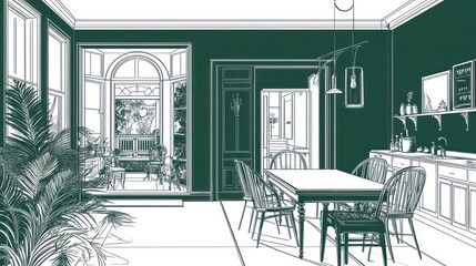 Aufkleber - A minimalist interior design featuring a dining area and kitchen with plants and natural light.