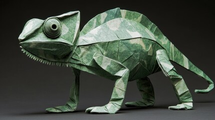 Poster - A detailed origami chameleon crafted from green paper, showcasing intricate folds and textures.