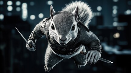 Poster - A dynamic, anthropomorphic squirrel wielding knives, poised in an action-packed scene.