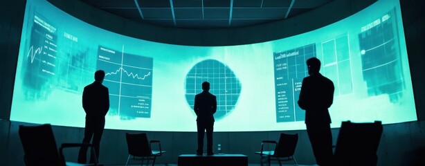 Aufkleber - A group of silhouettes in front of a large digital display showing data and analytics.