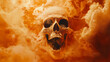 © Thiago - A detailed skull with a gaping mouth, surrounded by swirling orange smoke, creating an intense and surreal effect, resembling an explosion or a fiery aura. Chasm. Illustration