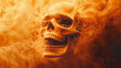 © Thiago - A detailed skull with a gaping mouth, surrounded by swirling orange smoke, creating an intense and surreal effect, resembling an explosion or a fiery aura. Chasm. Illustration