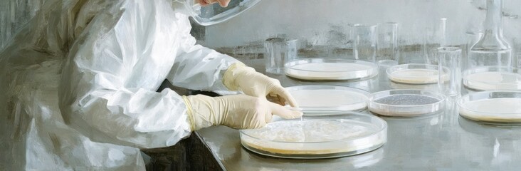 Aufkleber - A scientist in protective gear works with petri dishes in a laboratory setting.