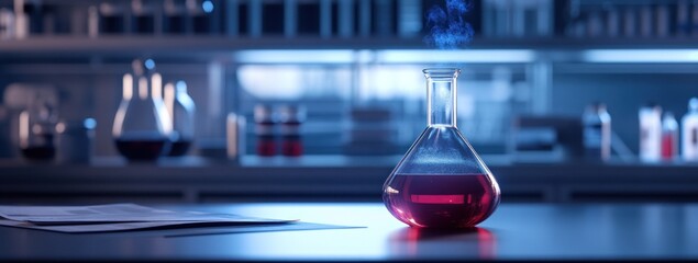 Aufkleber - A laboratory scene featuring a glowing flask with a colorful liquid.