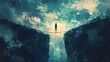 © Thiago - A person standing on a tightrope over a deep chasm demonstrating the difficulty of balancing life with a mental psychology art concept. ai generation. Chasm. Illustration