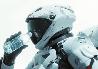 Poster - A futuristic astronaut in a white suit drinking water from a bottle in a bright environment.