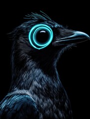 Poster - A stylized bird with glowing blue eyes, blending nature and technology.
