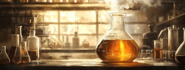 Aufkleber - A laboratory scene featuring various glassware with a glowing liquid, indicating scientific work.