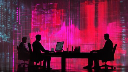 Aufkleber - Silhouettes of individuals working against a vibrant digital backdrop, suggesting a tech environment.