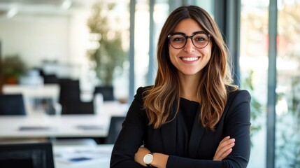 Aufkleber - A confident woman in a professional setting, smiling with arms crossed.