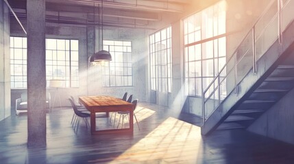Aufkleber - A modern meeting space with large windows, a wooden table, and a staircase.