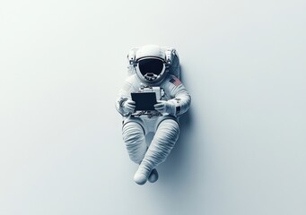 Poster - An astronaut seated against a plain background, holding a tablet device.