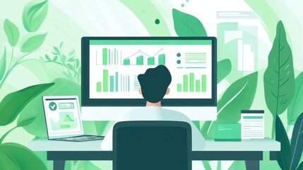 Fototapete - A person analyzing data on a computer surrounded by greenery.