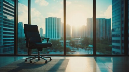 Poster - A modern office chair silhouetted against a city skyline during sunset.