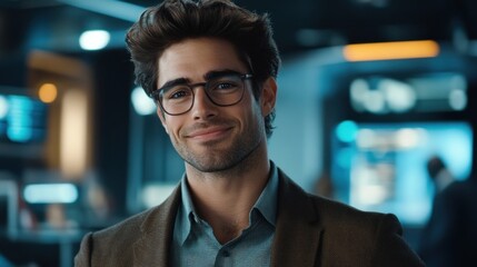 Aufkleber - A smiling young man in glasses, dressed smartly, in a modern business environment.