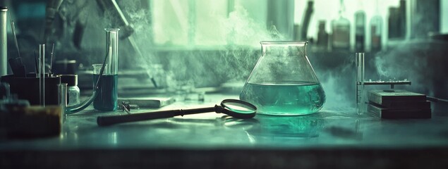 Aufkleber - A laboratory scene with a glowing flask and tools, hinting at scientific experiments.