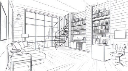 Aufkleber - A minimalist interior design sketch of a modern living room with a spiral staircase.