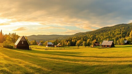 Poster - Serene countryside landscape at sunset with wooden houses and rolling hills.