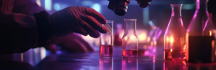 Aufkleber - A scientist conducts experiments with colorful liquids in glassware under a microscope.