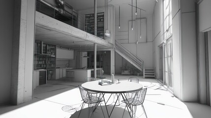 Poster - Modern interior space with a dining area, kitchen, and staircase in a minimalist design.