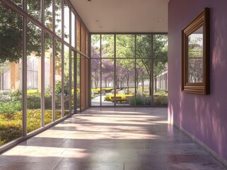 Aufkleber - A bright corridor with large windows overlooking a landscaped garden.