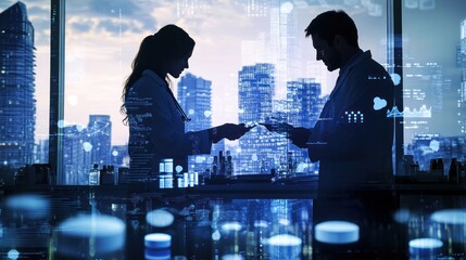 Aufkleber - Two scientists collaborating in a modern laboratory with city skyline in the background.