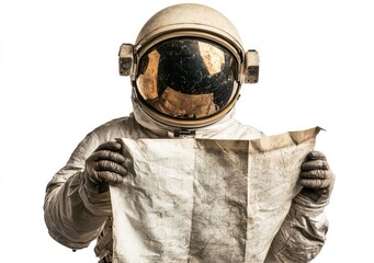 Aufkleber - An astronaut examining a worn map, symbolizing exploration and discovery in space.