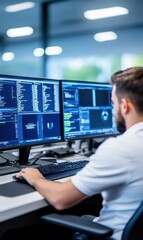 Wall Mural - focused male programmer working on multiple screens in modern office environment with code and data 