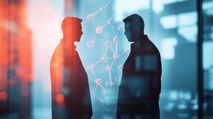 Aufkleber - Two silhouetted figures engaged in a discussion against a backdrop of scientific imagery.