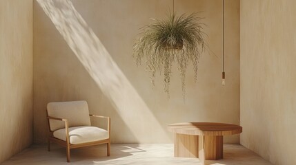 Poster - A serene interior featuring a wooden chair, table, and hanging plants in soft lighting.