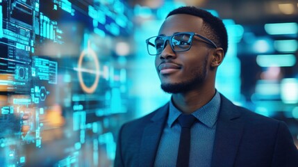 Fototapete - A professional man in glasses stands confidently before digital data displays.