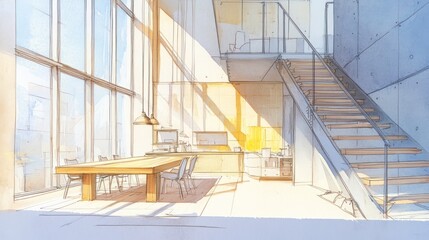 Poster - A modern, airy interior featuring a dining area and staircase with abundant natural light.