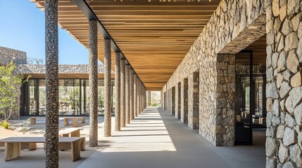 Aufkleber - A modern architectural corridor featuring stone walls and wooden beams.