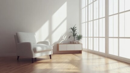 Aufkleber - A serene, well-lit living space with a cozy chair and a plant by a large window.